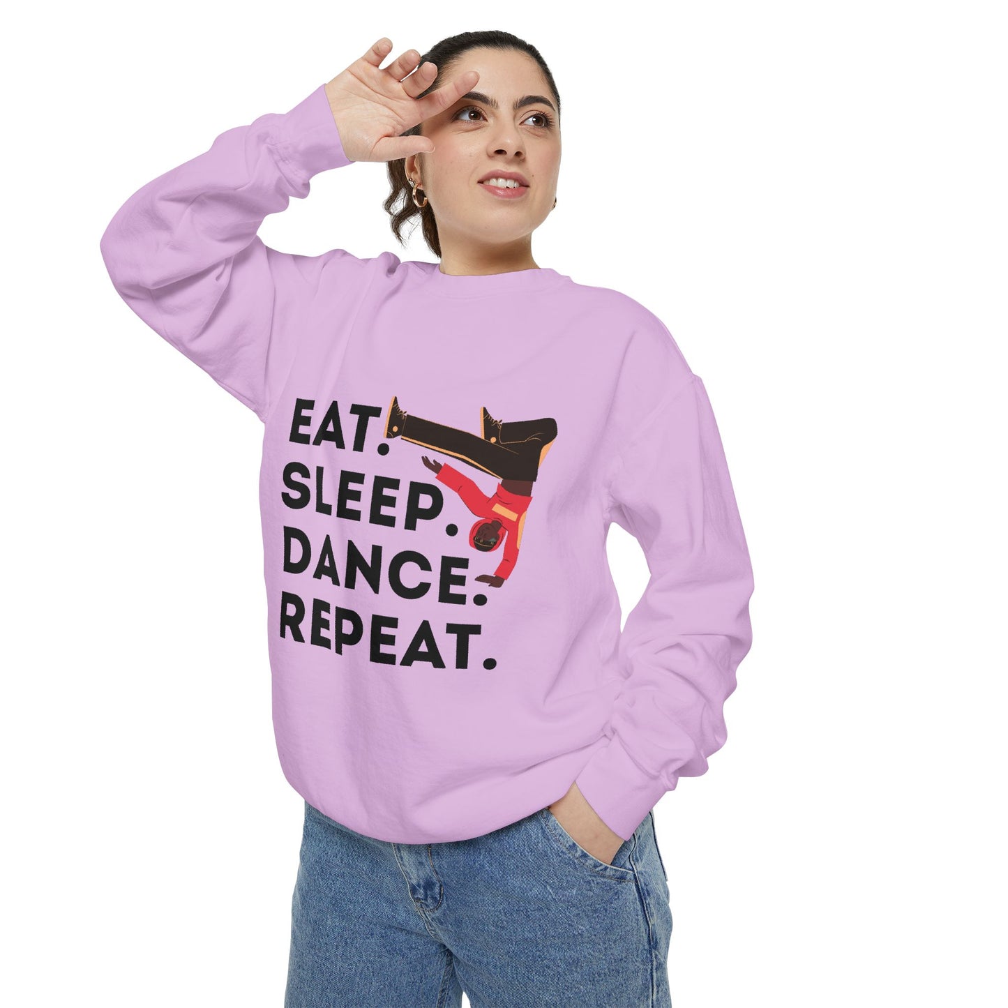 "Eat, Sleep, Dance, Repeat." Unisex Lightweight Crewneck Sweatshirt – Bold B-Boy Graphic Pullover for Hip-Hop Dancers & Street Style Fans
