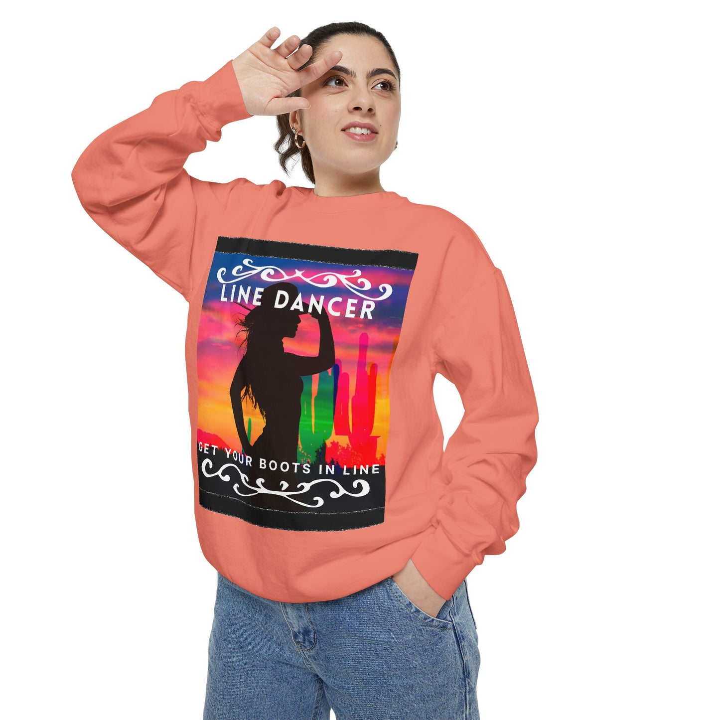 "Line Dancer, Get Your Boots in Line" Unisex Lightweight Crewneck Sweatshirt – Western Dance Graphic Pullover for Country Music & Boot Scootin’ Fans