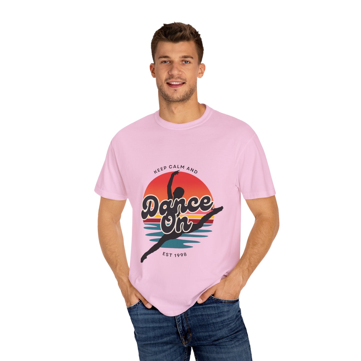 "Keep Calm and Dance On" Unisex Garment-Dyed T-Shirt – Retro Dance Graphic Tee – Vintage-Inspired Comfort Shirt for Dancers