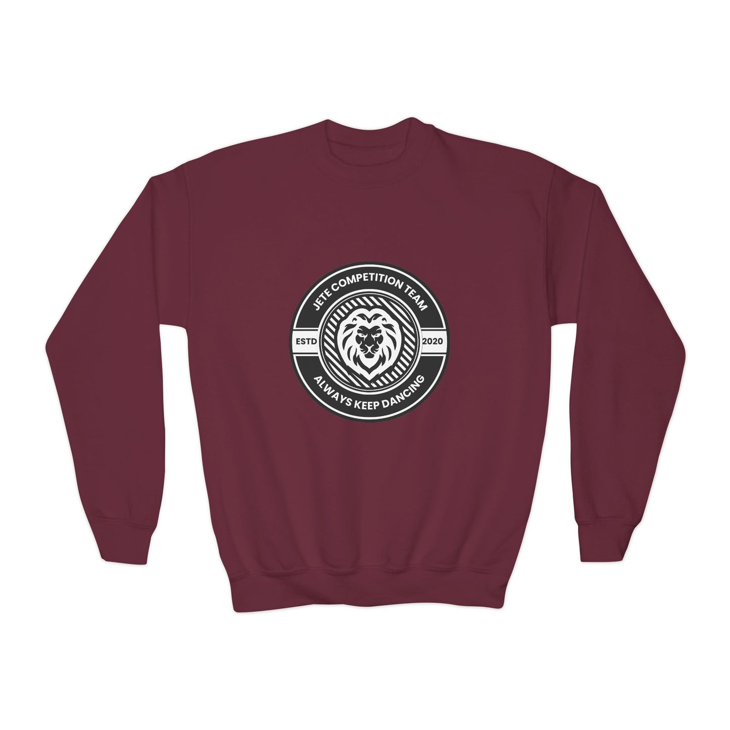 "Jeté Competition Team - Always Keep Dancing" Youth Crewneck Sweatshirt – Bold Collegiate-Inspired Dance Graphic Pullover for Kids and Teens