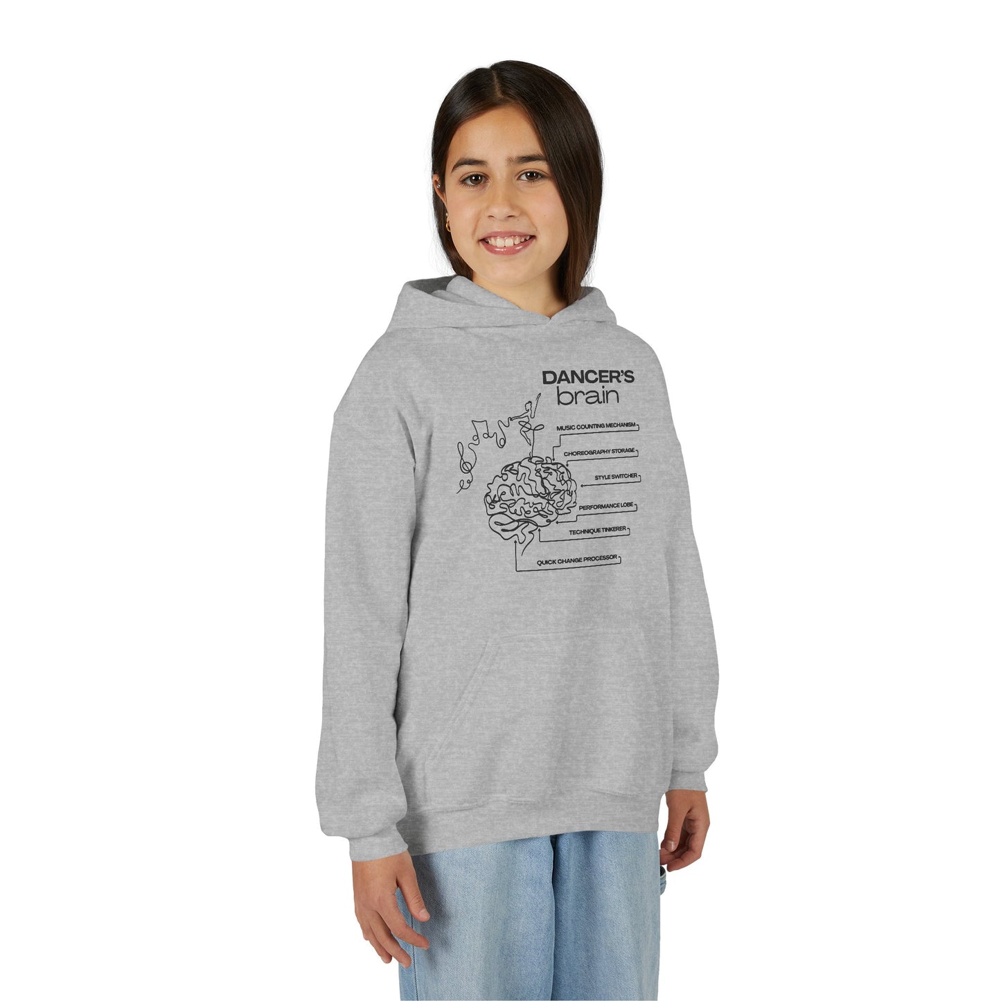 “Dancer’s Brain” Unisex Youth Hoodie with Funny Dance Brain Graphic – Personalized Dance Hoodie for Kids & Teens, Custom Name or Studio Option