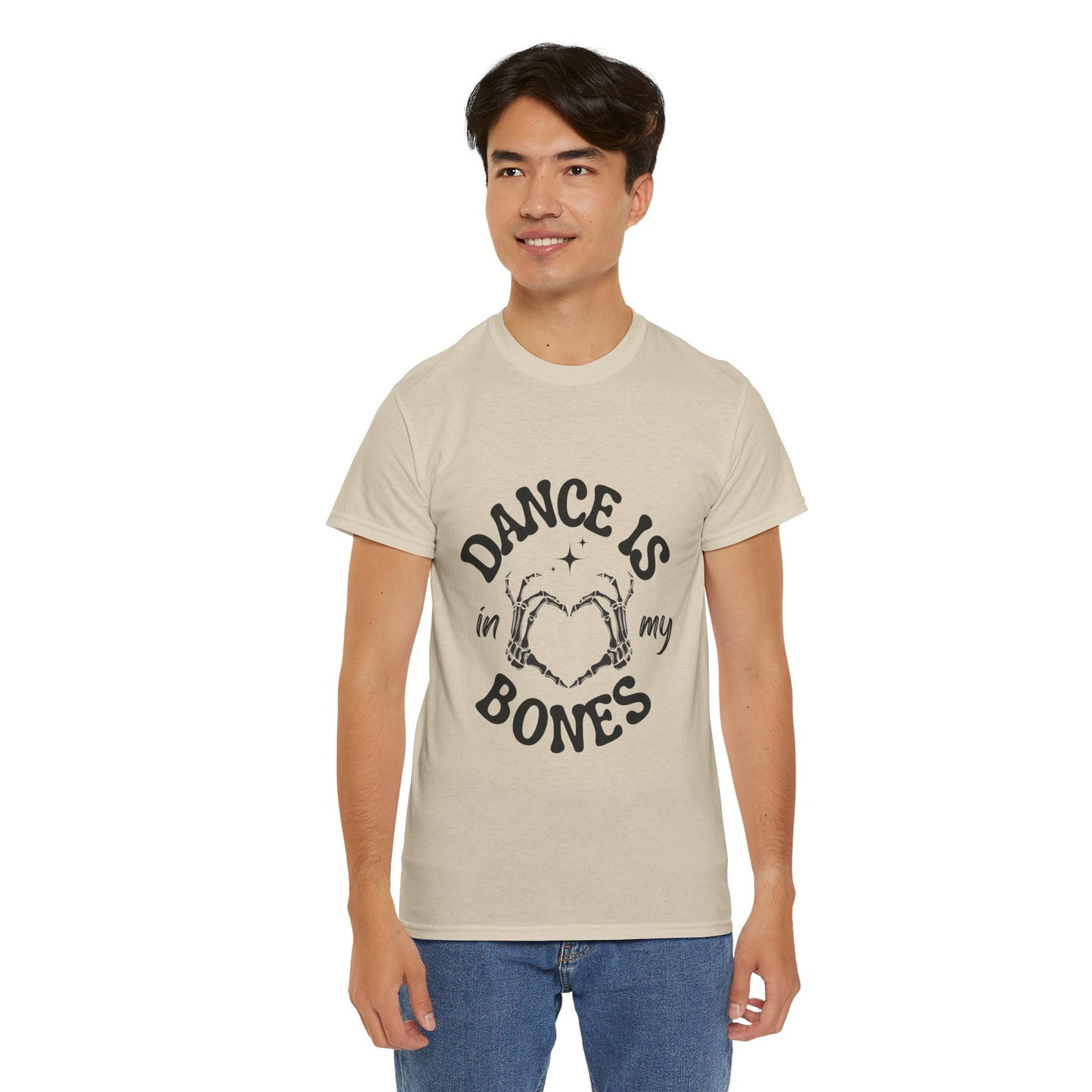 “Dance Is in My Bones” Halloween Dance T-Shirt with Cute Skeleton Heart Graphic - Unisex Heavy Cotton Tee