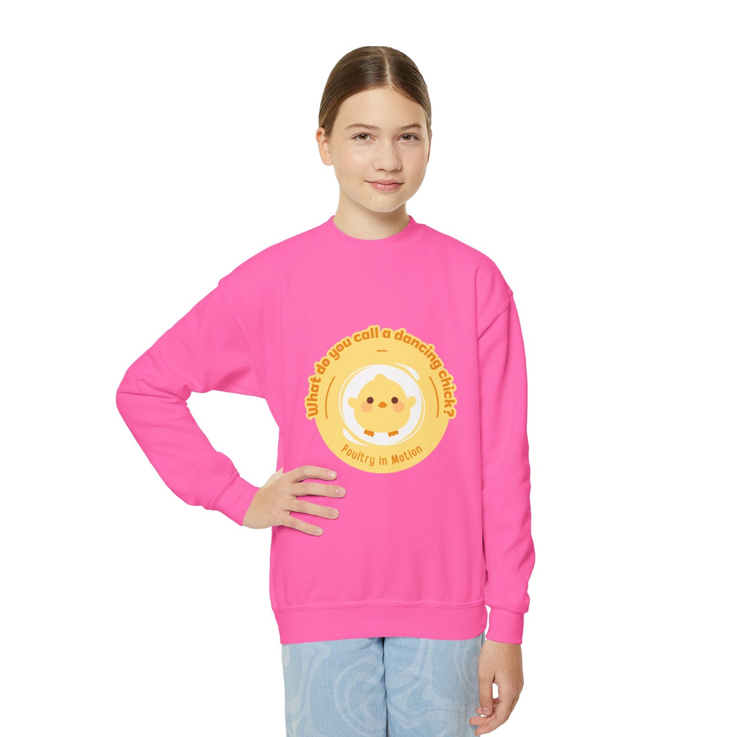 "What do you call a dancing chick? Poultry in Motion." – Funny Dance Pun Youth Crewneck Sweatshirt | Cute Dancing Chicken Kids Pullover