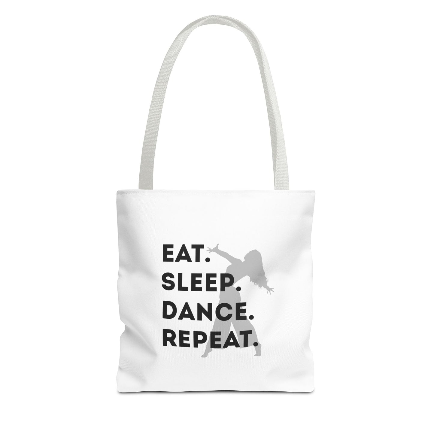 "Eat Sleep Dance Repeat" Canvas Tote Bag – Gray Dancer Silhouette Dance-Themed Reusable Shoulder Bag for Dancers, Studio, or Everyday Use