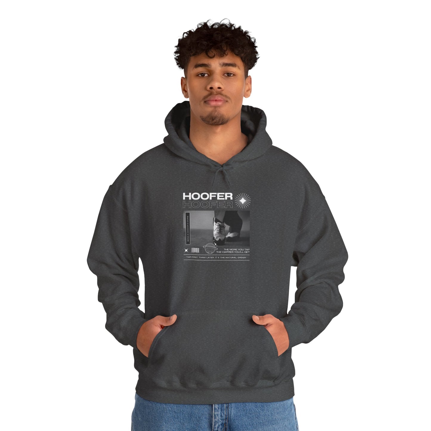 “Hoofer” Tap Dance Text with Streetwear-Style Tap Shoes Graphic – Unisex Heavy Blend™ Hooded Sweatshirt – Cozy Dance Hoodie for Tap Dancers & Dance Enthusiasts