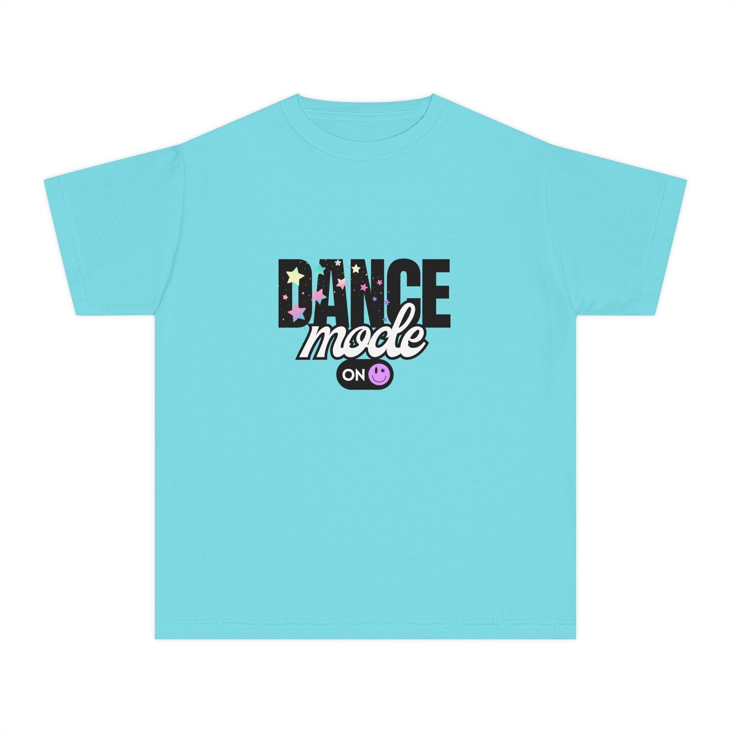 “Dance Mode On" Comfort Colors Youth Midweight T-Shirt – Pastel Stars & Smiley Face Dance Graphic Tee for Kids