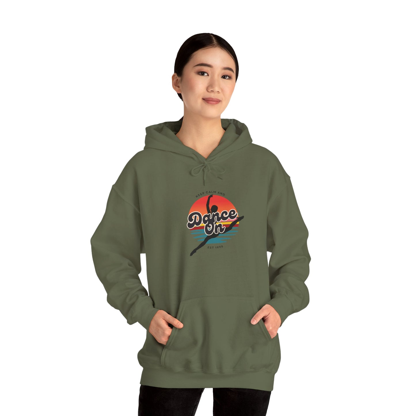 “Keep Calm and Dance On” Retro Hoodie – Unisex Dance-Inspired Hooded Sweatshirt for Dancers & Movement Lovers