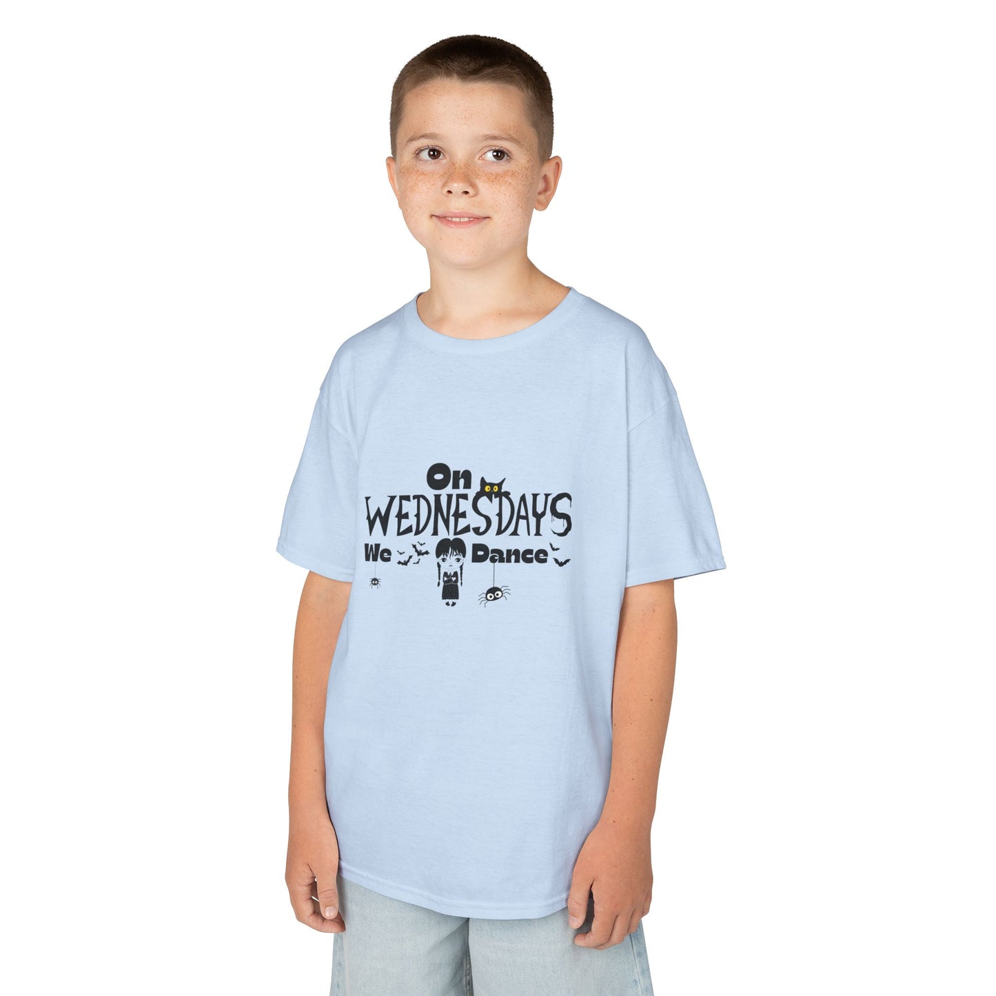 “On Wednesdays We Dance” Gothic Halloween T-Shirt with Cute Girl, Black Cat, Spiders & Bats - Kids Heavy Cotton™ Tee