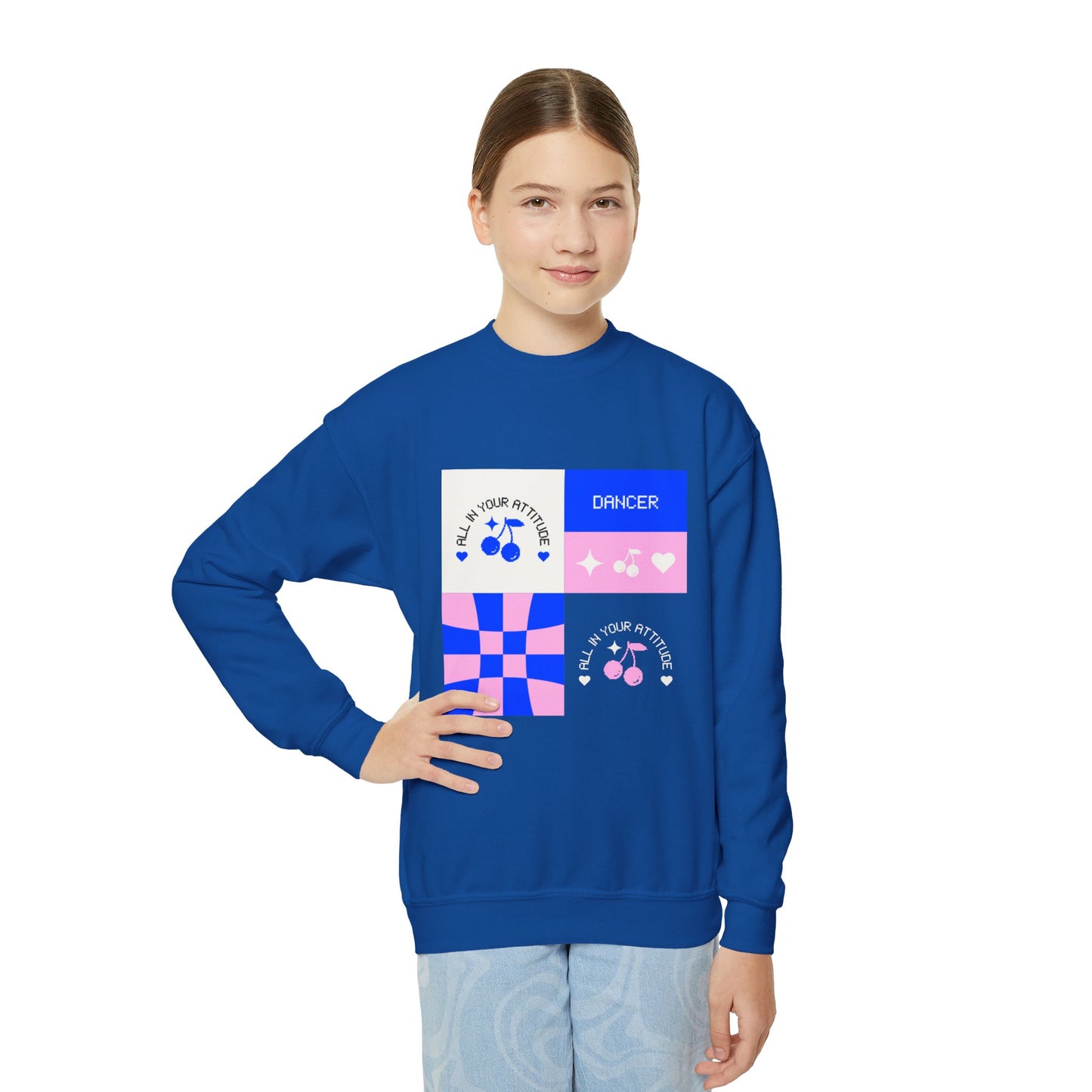 "Dancer – All in Your Attitude" Youth Crewneck Sweatshirt | Retro Dance Graphic Kids Pullover for Confident Movers