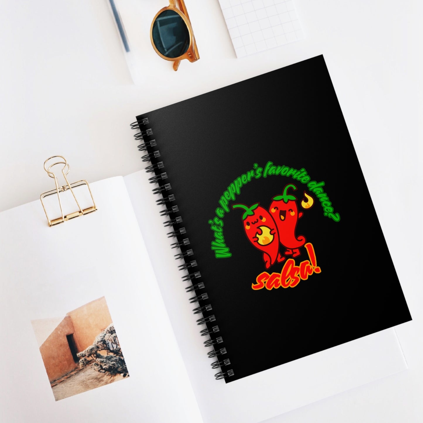 "What Is a Pepper’s Favorite Dance? Salsa!" Spiral Notebook – Funny Dance Pun Journal with Cute Pepper Graphic for Dancers & Foodie Pun Lovers