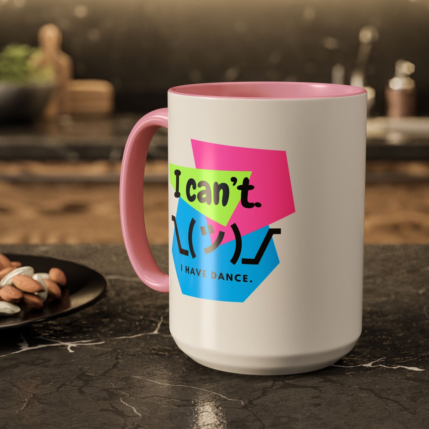 “I Can’t. I Have Dance Mug.” with Colored Handles – Bold 80s Retro Dance Graphic Coffee Cup