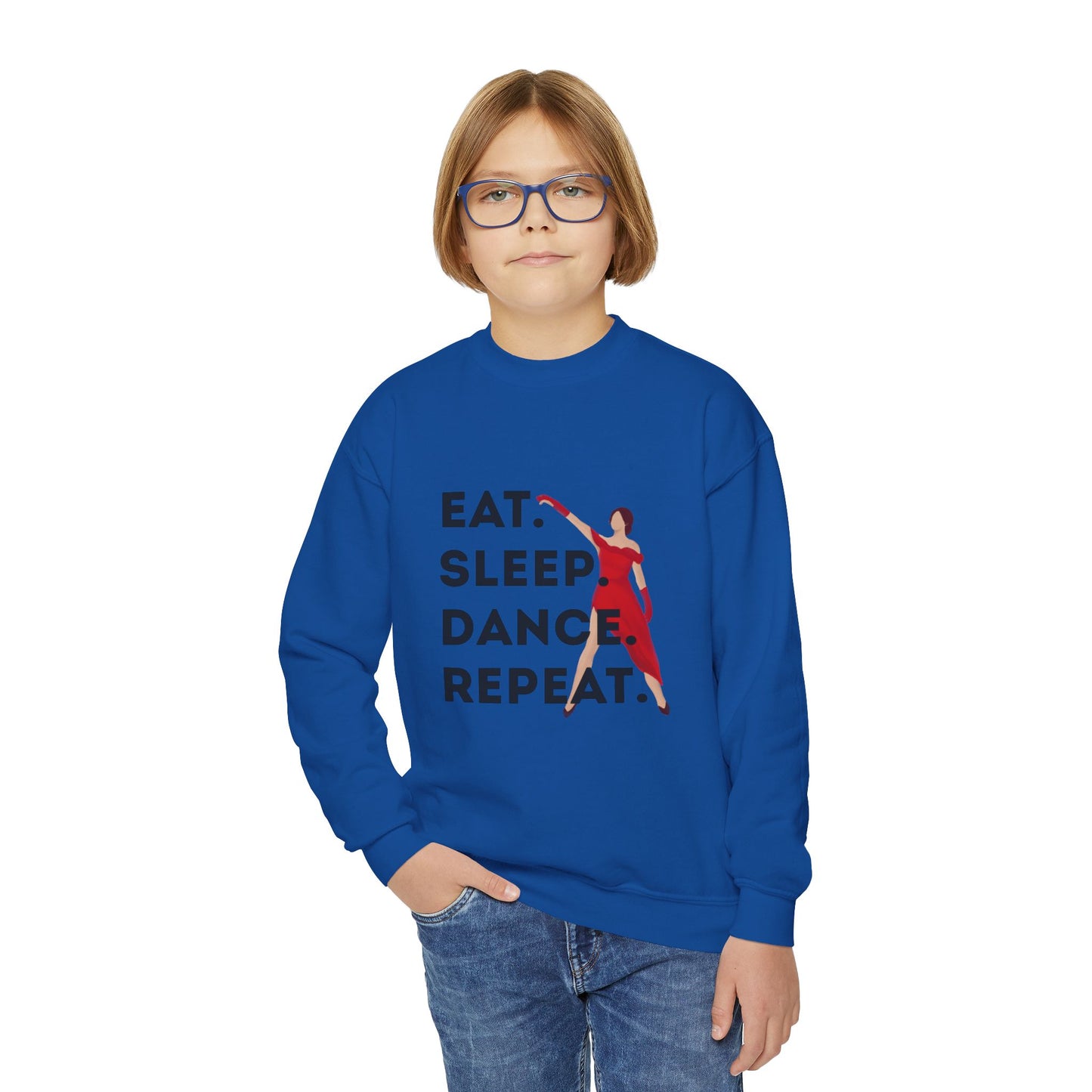 "Eat Sleep Dance Repeat" – Bold Dancer Graphic Youth Crewneck Sweatshirt | Kids Dance Life Pullover