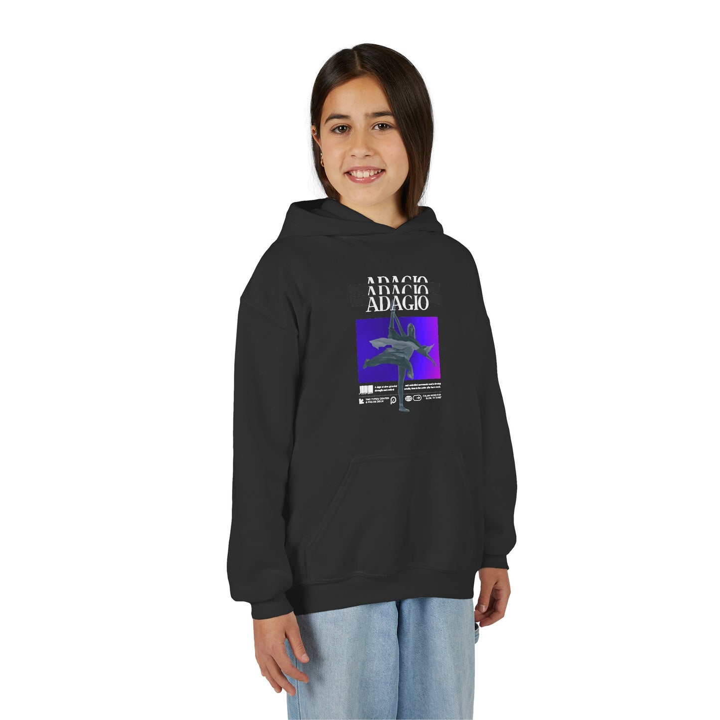 “Adagio” Ballet Term Definition with Beautiful Ballerina Graphic Unisex Youth Hoodie | Streetwear-Inspired Ballet Dance Hoodie for Kids & Young Dancers
