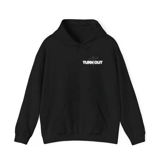 Black hoodie with 'TURN OUT' text on a white background