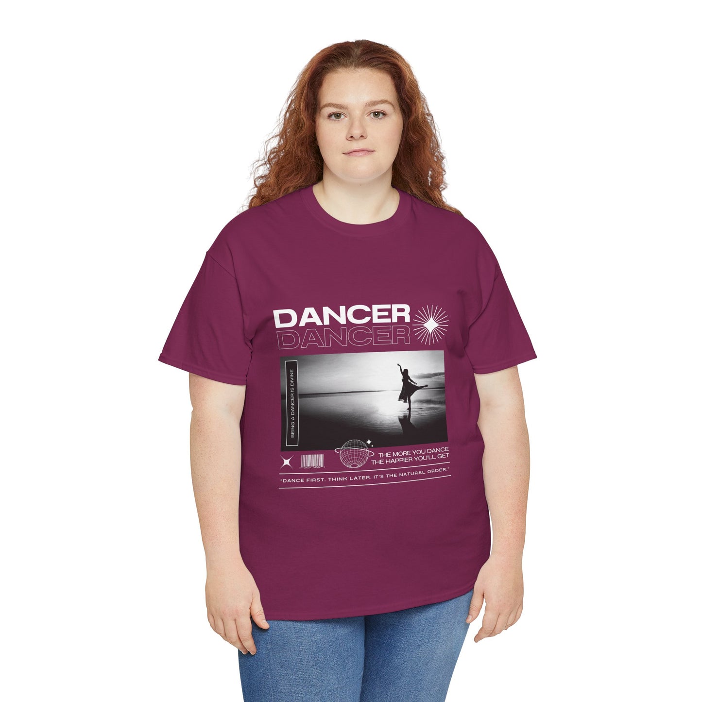 "Dancer" Arabesque Beach Scene Unisex Heavy Cotton Tee – Streetwear-Inspired Ballet Dance Graphic T-Shirt