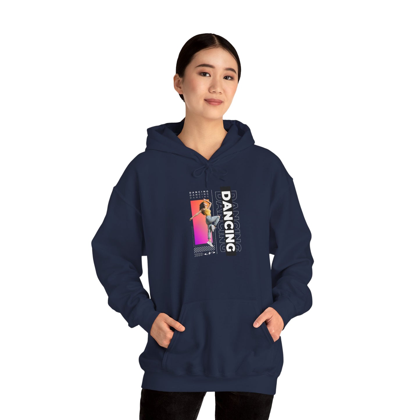 Dancing” Text with Streetwear-Style Female Dancer Graphic - Unisex Heavy Blend™ Hooded Sweatshirt – Cozy Dance Hoodie for Ballet & Hip-Hop Enthusiasts