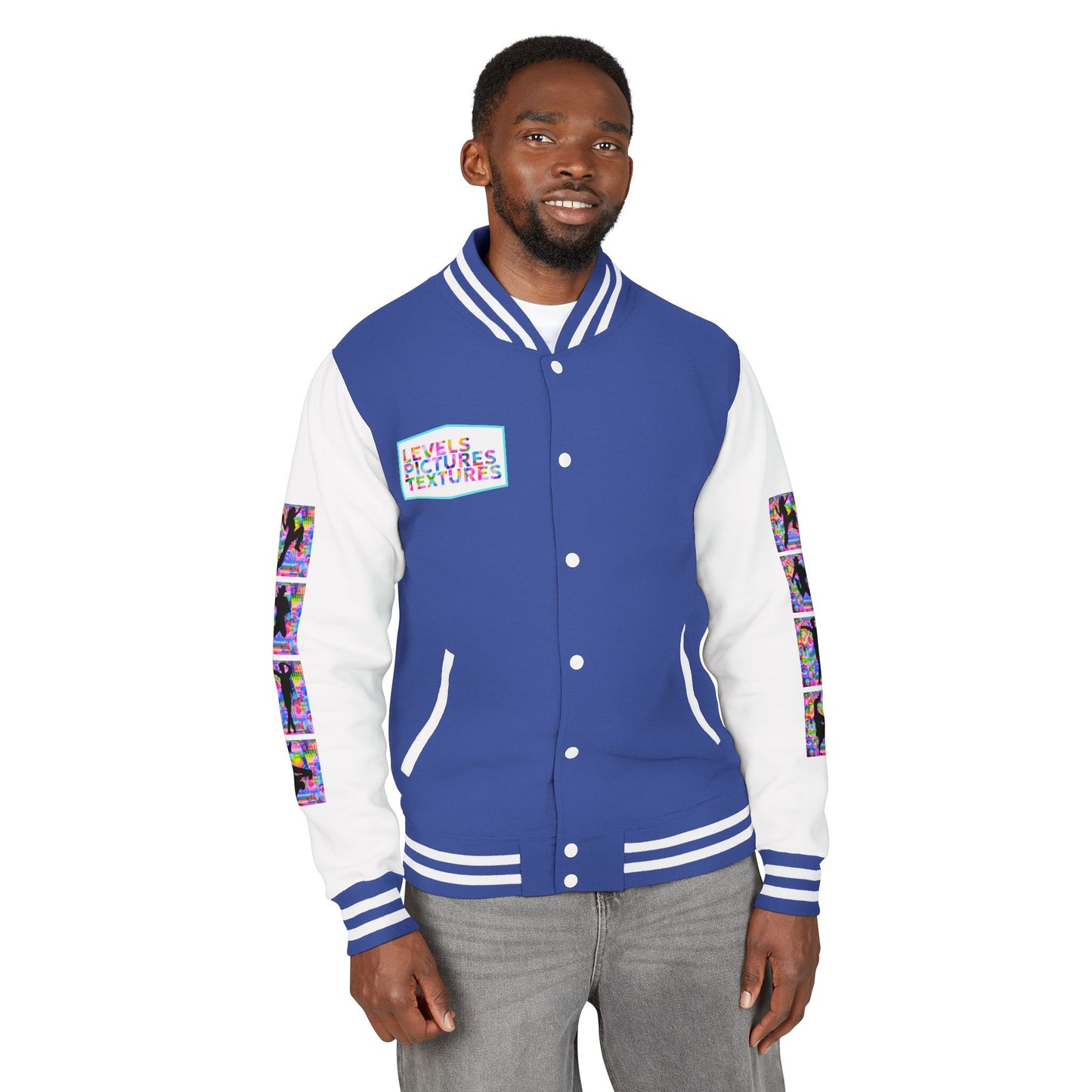 Levels Premium Collection Dance Letterman Jacket β Colorful Unisex Streetwear Varsity Jacket with "Levels Pictures Textures" Front and Dancer Silhouette Back Graphic