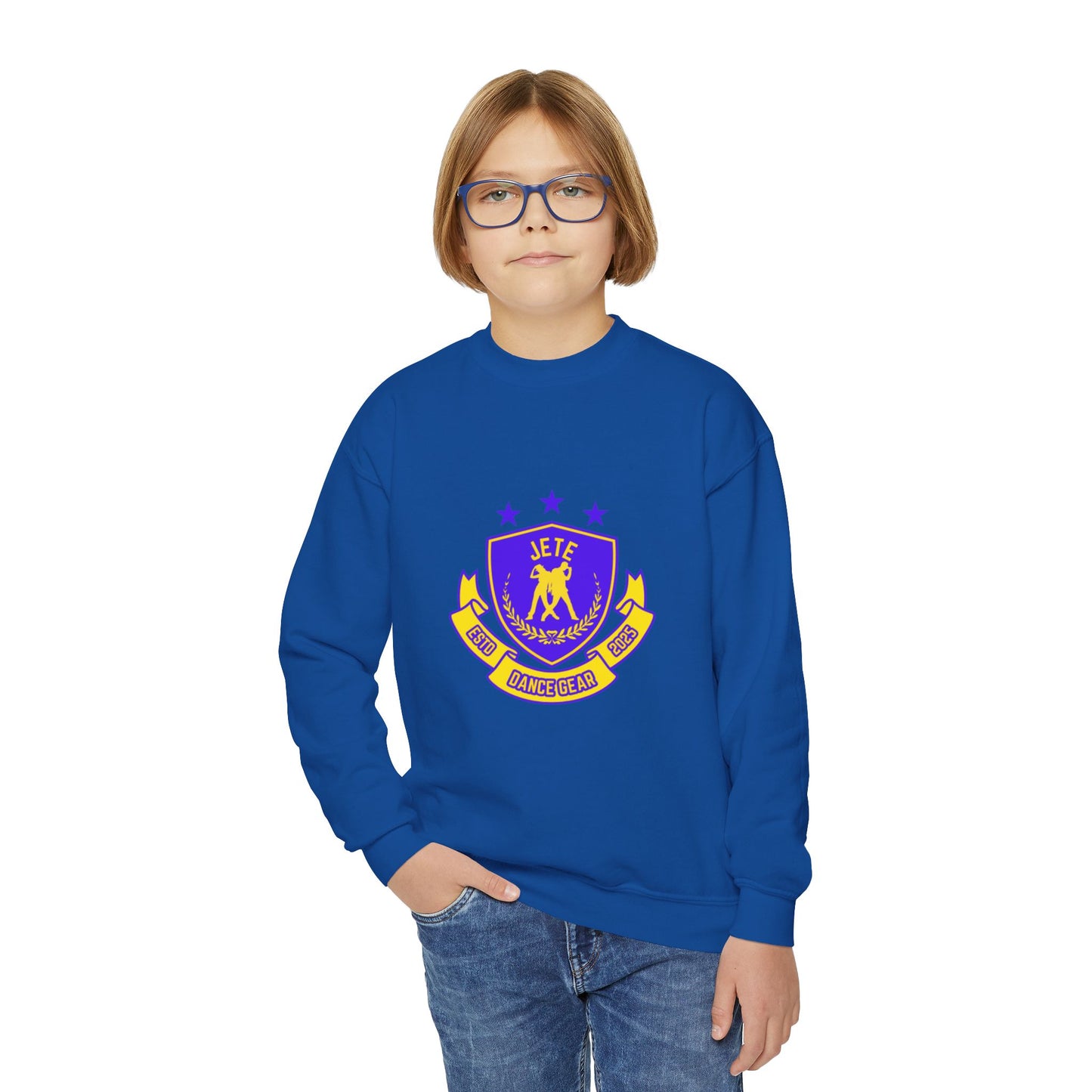 "Jeté Dance Gear" – Collegiate Style Youth Crewneck Sweatshirt | Bold Kids Dance Team Pullover
