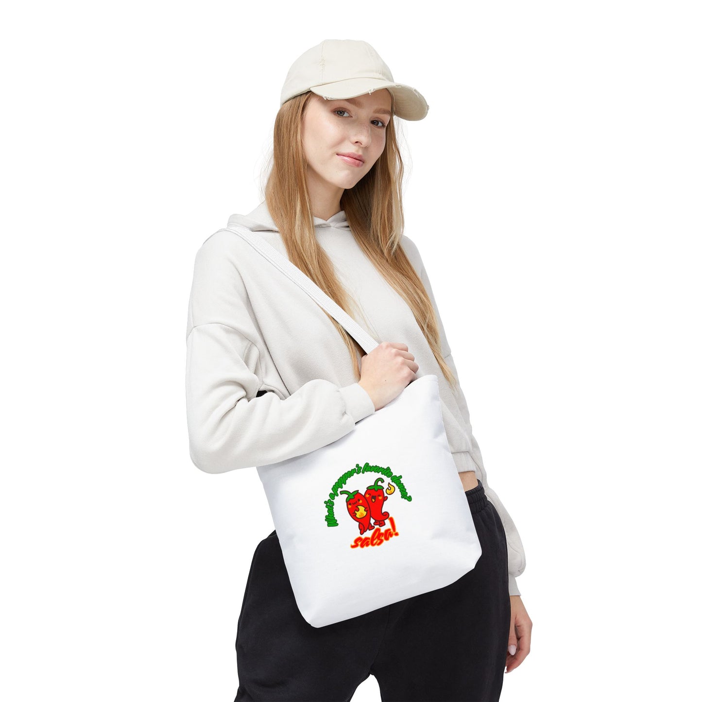 “What’s a Pepper’s Favorite Dance? Salsa!” Salsa Dance Pun Tote Bag – Funny Kawaii Pepper Graphic Canvas Bag for Dancers & Food Lovers