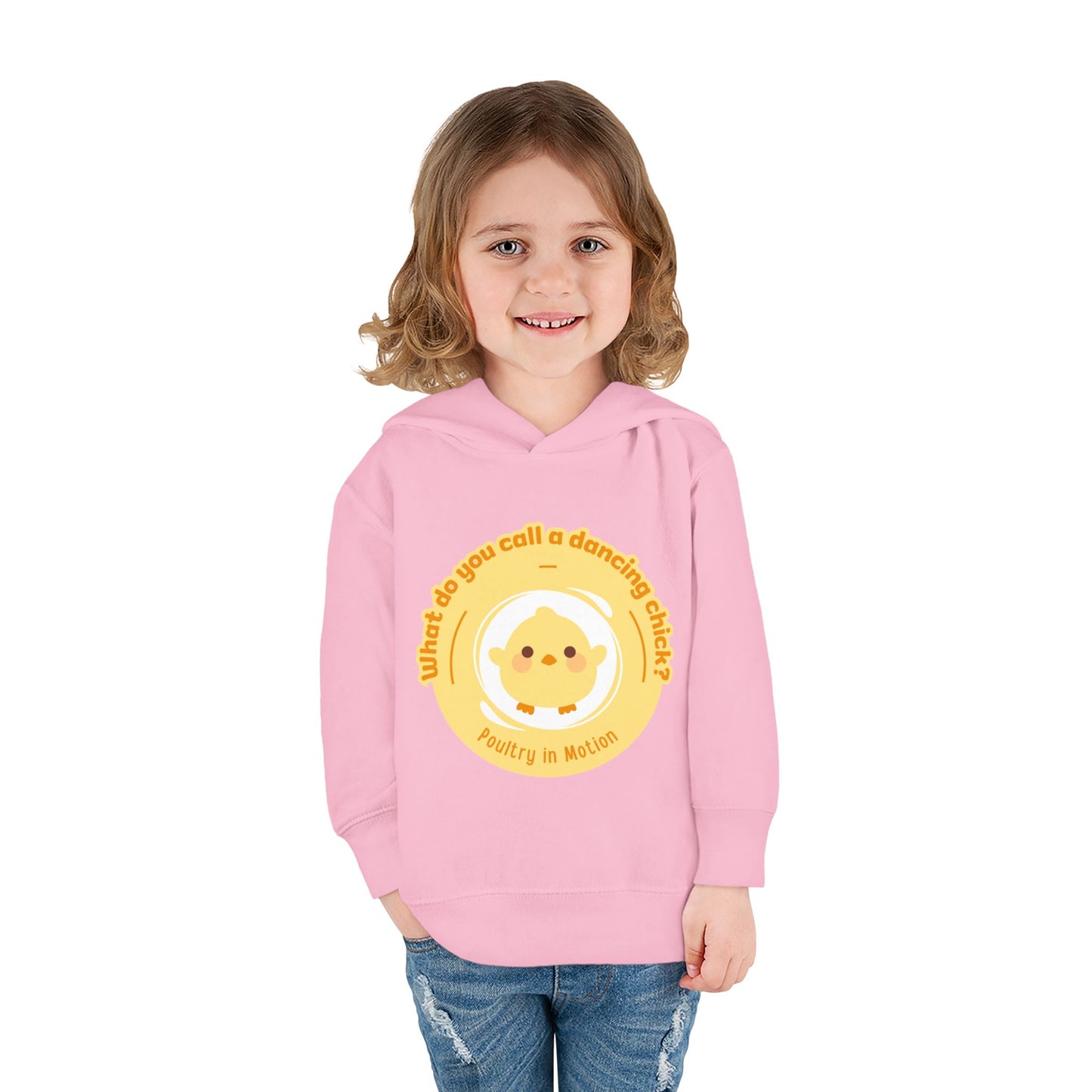 "What do you call a dancing chick? Poultry in Motion." Toddler Pullover Hoodie – Funny Dancing Chicken Pun Graphic Fleece Sweatshirt for Kids