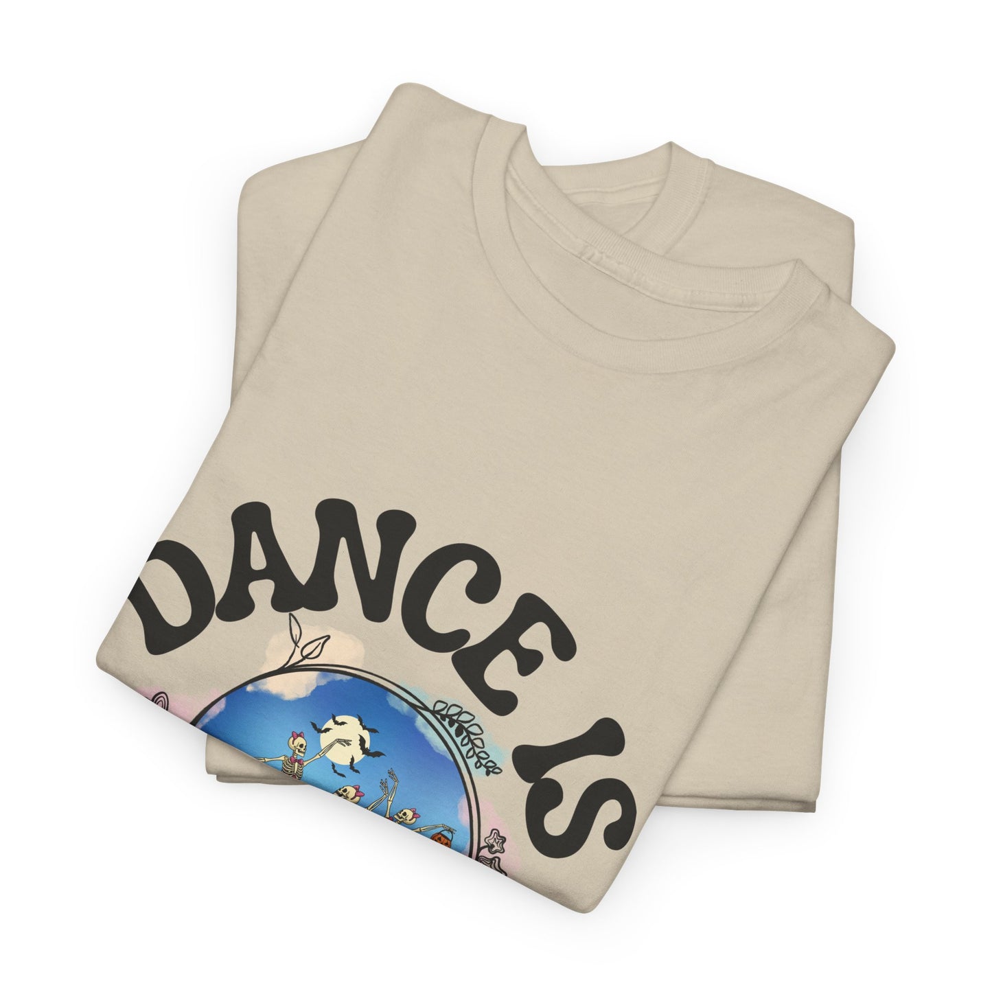 “Dance Is in My Bones” Halloween Dance T-Shirt with Dancing Skeletons Graphic - Unisex Heavy Cotton Tee