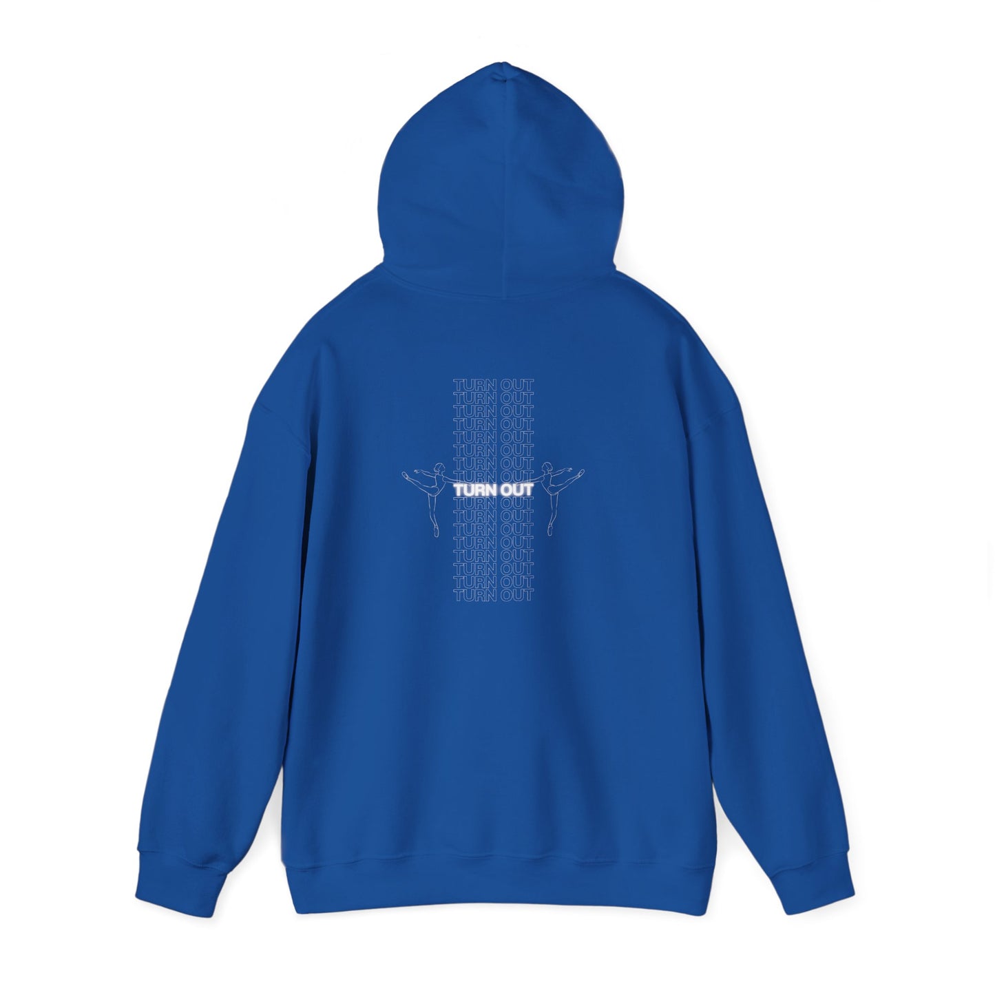 Blue hoodie with text and graphics on the back against a white background