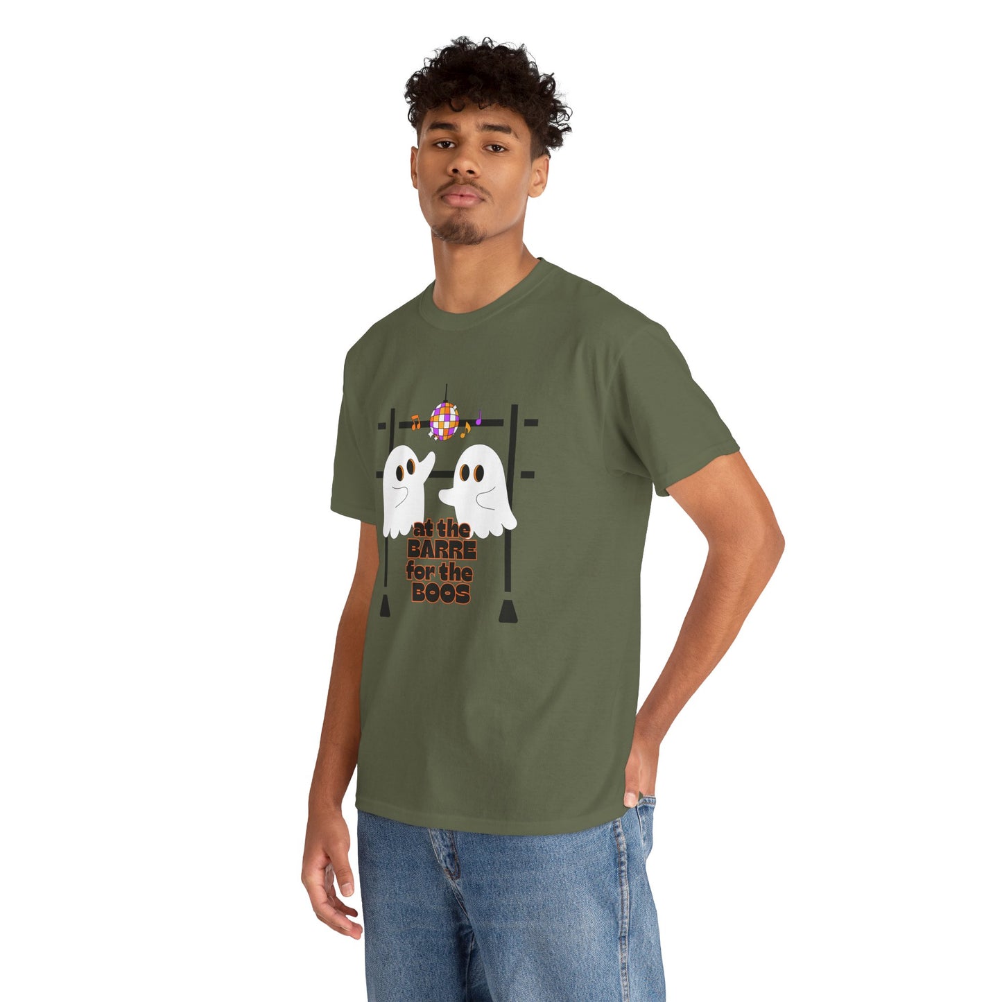 “At the Barre for the Boos” Dance Halloween T-Shirt with Cute Ghost Ballet Graphics - Unisex Heavy Cotton Tee