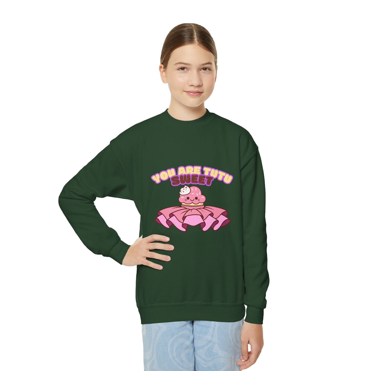 "You Are Tutu Sweet" Youth Crewneck Dance Sweatshirt โ Kawaii Cupcake Graphic | Cute Ballet Themed Kids Pullover