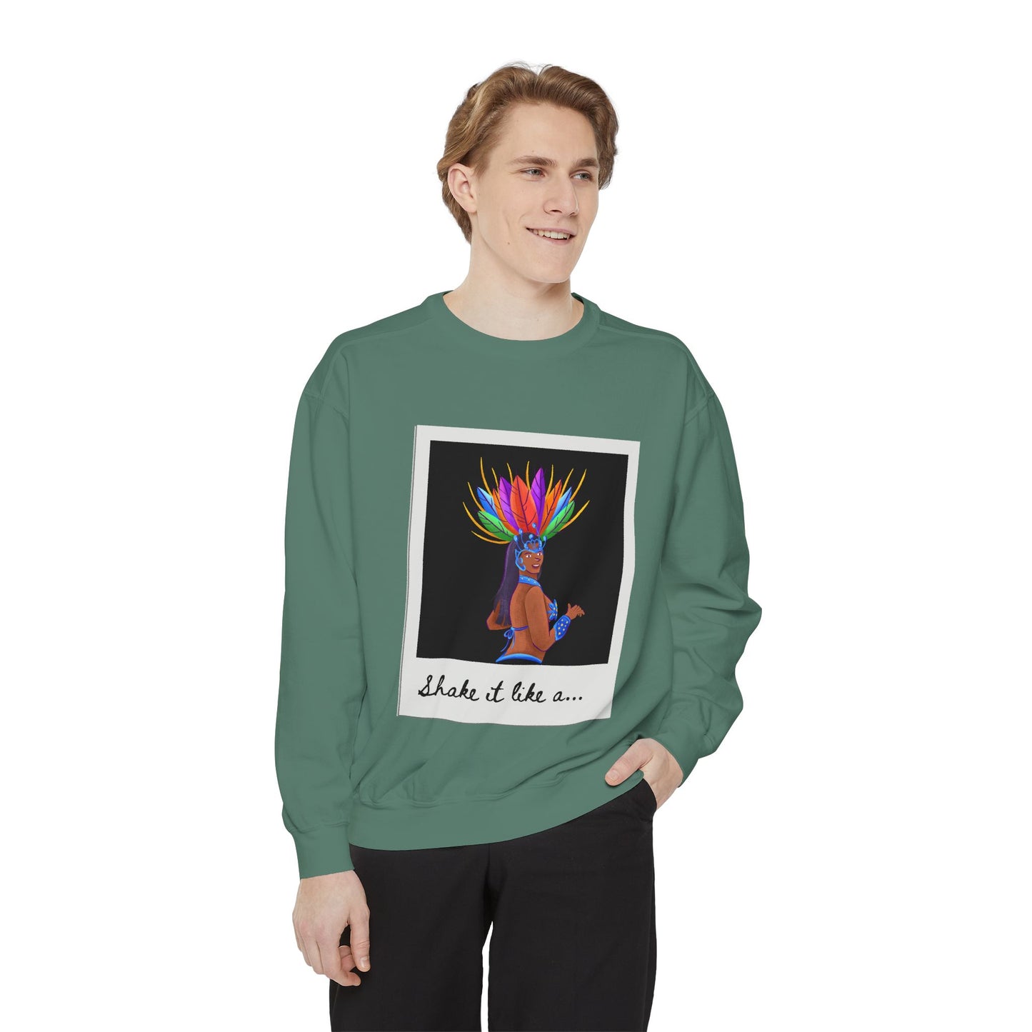 "Shake It Like a..." Unisex Lightweight Crewneck Sweatshirt – Carnival-Inspired Samba Dancer Graphic Pullover for Dance Lovers & Festival Vibes