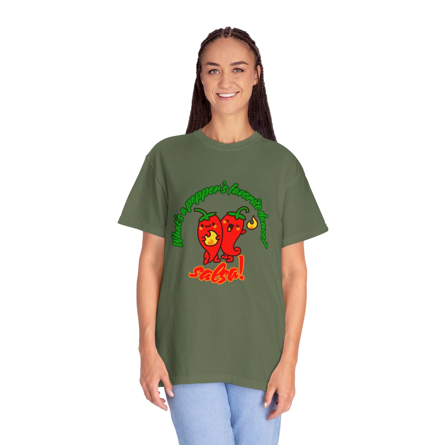 "What's a Pepper's Favorite Dance? Salsa!" Dance Pun Unisex Garment-Dyed T-Shirt – Funny Dance Joke Tee with Cute Pepper Graphic – Dance Humor Shirt for Food & Pun Lovers