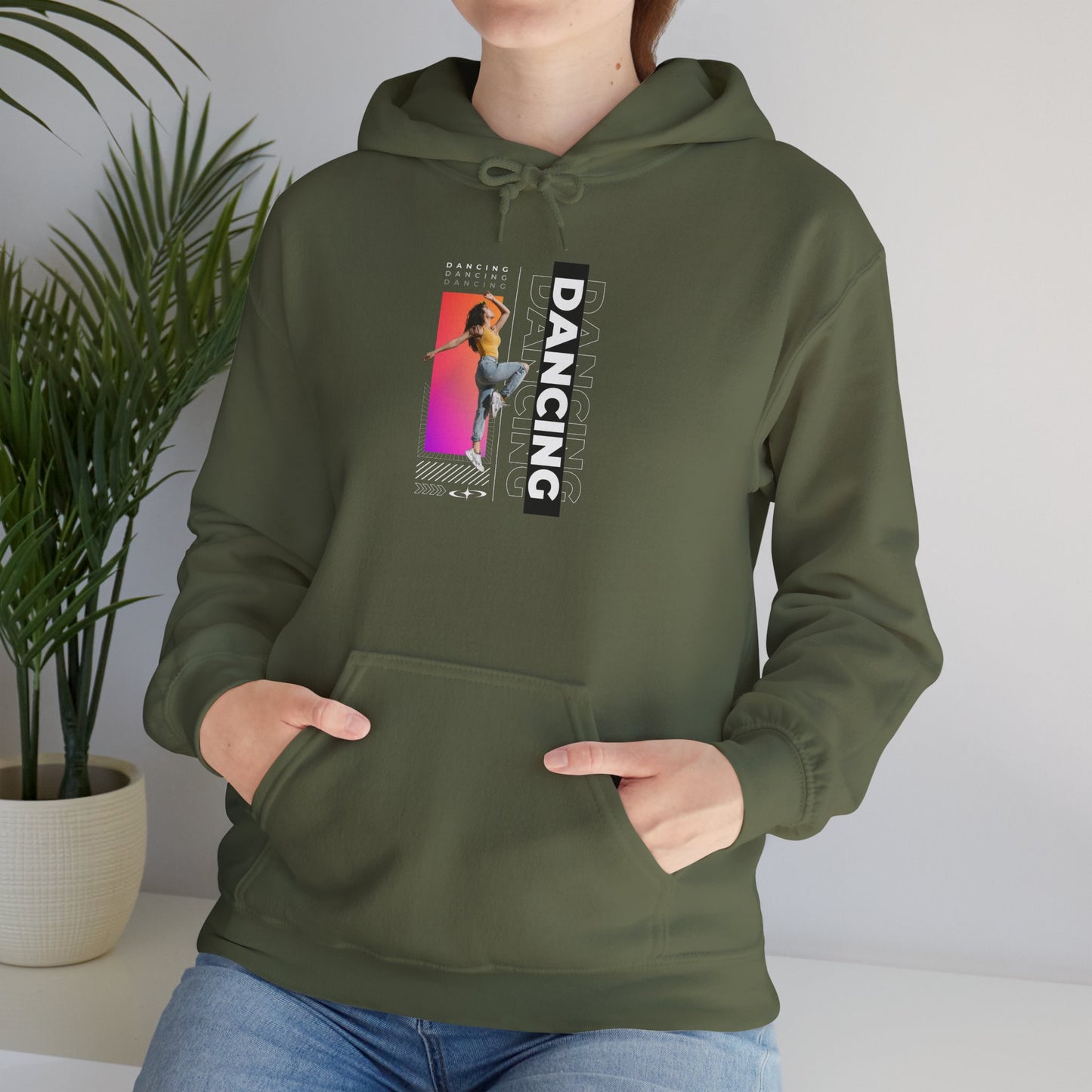 Dancing” Text with Streetwear-Style Female Dancer Graphic - Unisex Heavy Blend™ Hooded Sweatshirt – Cozy Dance Hoodie for Ballet & Hip-Hop Enthusiasts