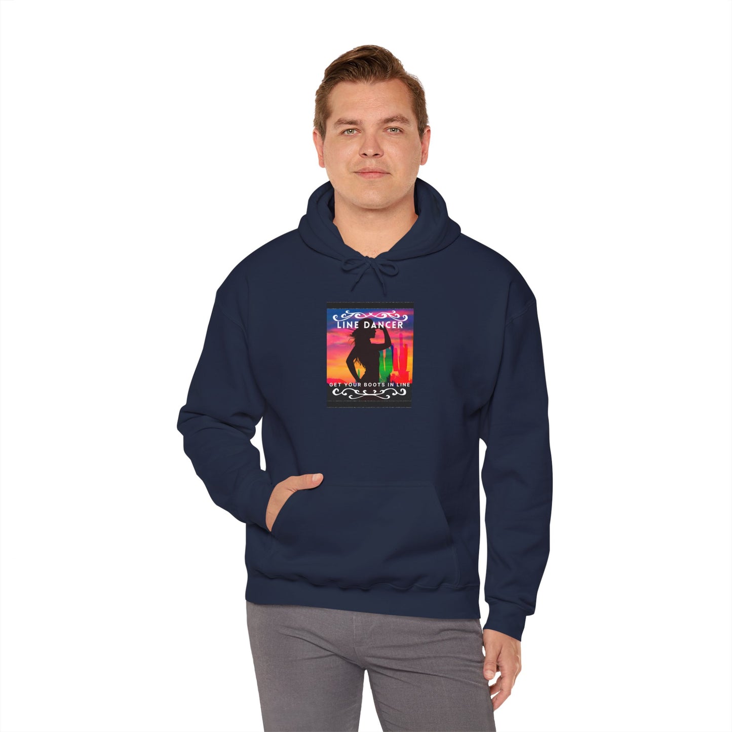 "Line Dancer, Get Your Boots in Line" Western-Inspired Graphic – Unisex Heavy Blend™ Hooded Sweatshirt