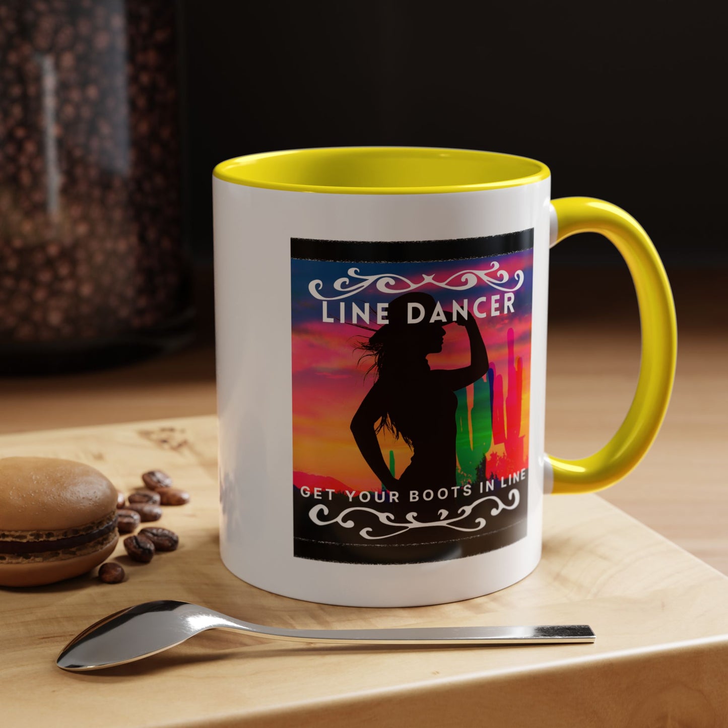 "Line Dancer" Accent Coffee Mug – Cute Cowgirl Graphic Ceramic Mug for Country Dance Lovers