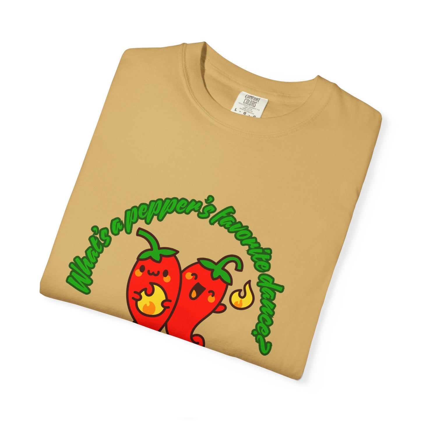 "What's a Pepper's Favorite Dance? Salsa!" Dance Pun Unisex Garment-Dyed T-Shirt – Funny Dance Joke Tee with Cute Pepper Graphic – Dance Humor Shirt for Food & Pun Lovers