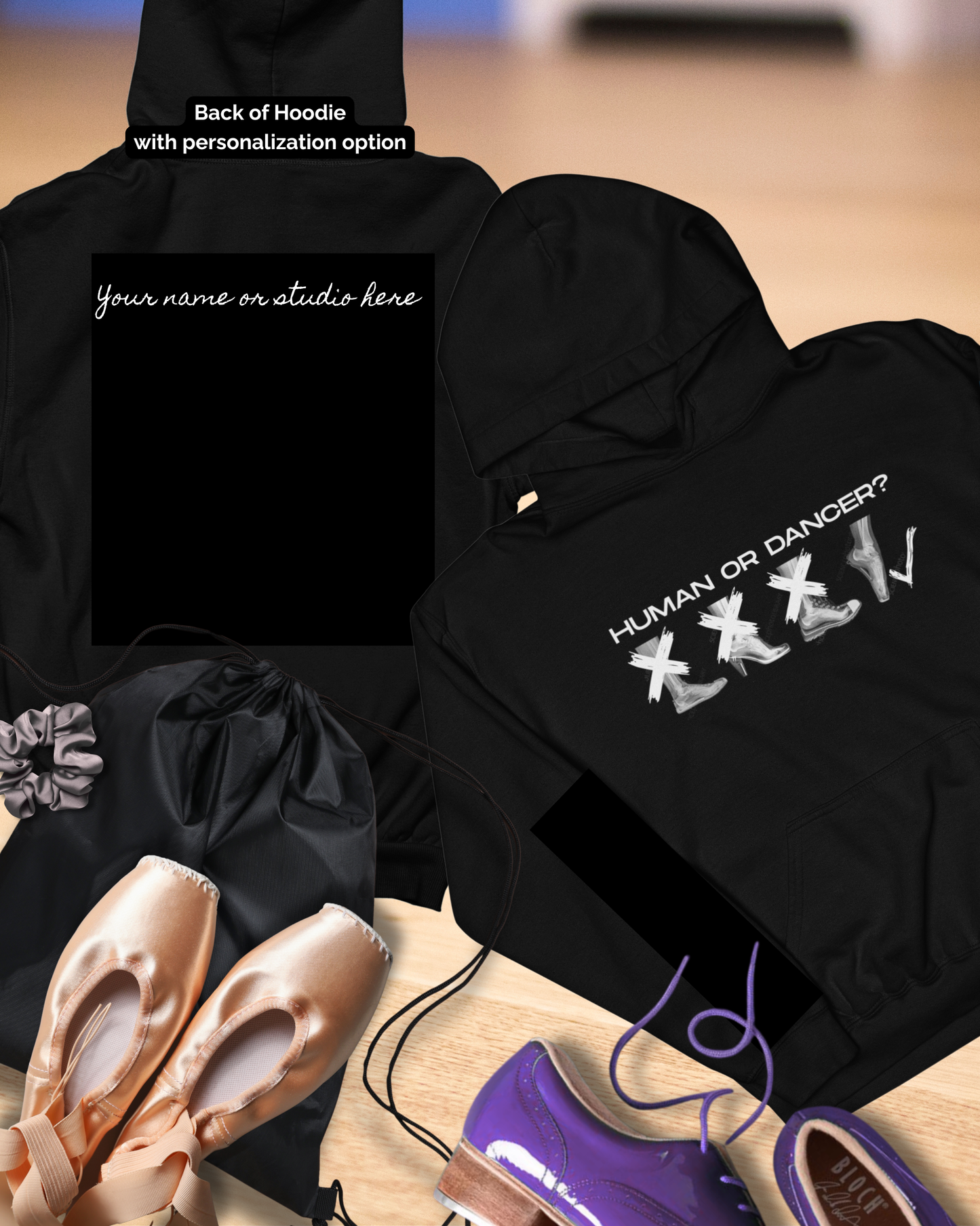 “Human or Dancer” Unisex Youth Hoodie with Cute X-Ray Ballet Feet Graphic – Personalized Dance Hoodie for Kids & Teens, Custom Name or Studio Option