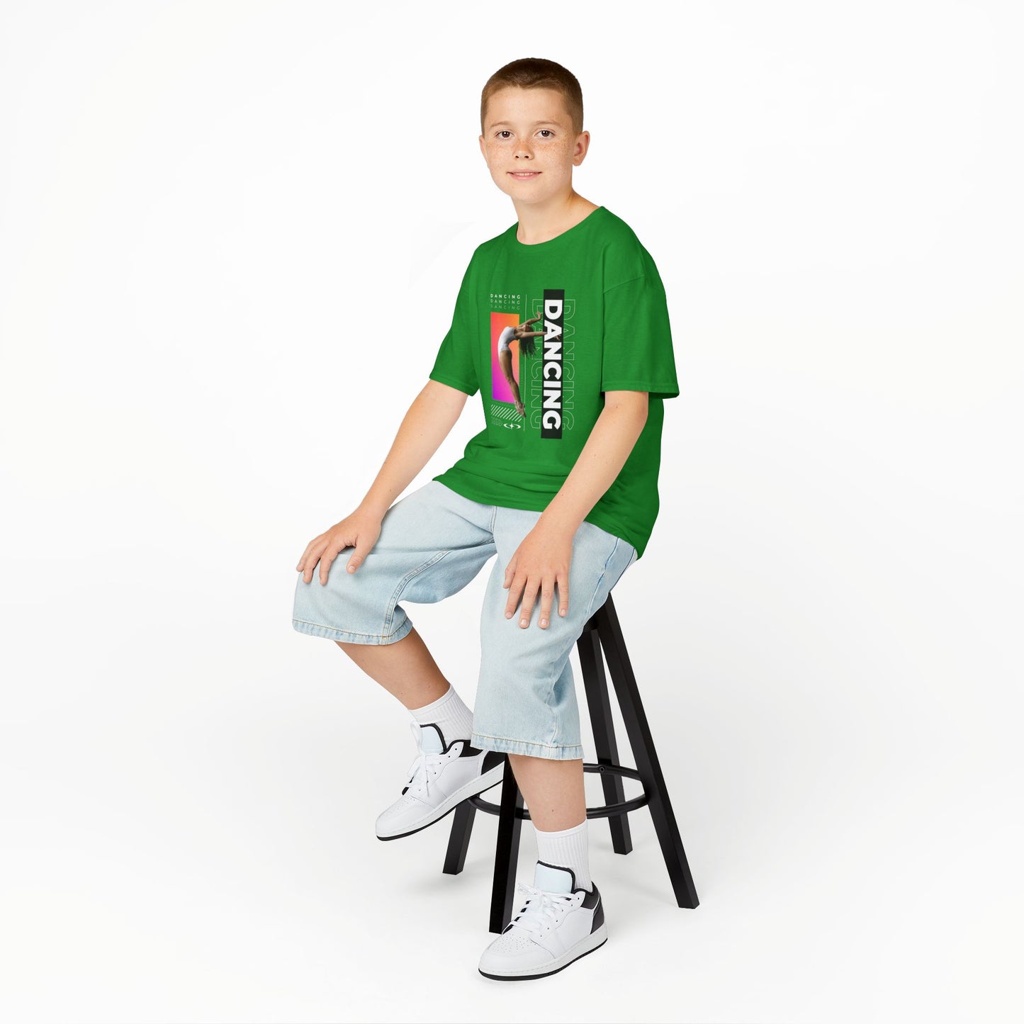 “Dancing” Youth Short Sleeve T-Shirt – Streetwear-Inspired Female Dancer Graphic – Stylish Kids Dance Apparel Tee