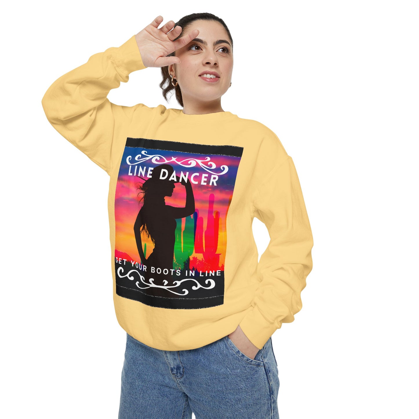 "Line Dancer, Get Your Boots in Line" Unisex Lightweight Crewneck Sweatshirt – Western Dance Graphic Pullover for Country Music & Boot Scootin’ Fans