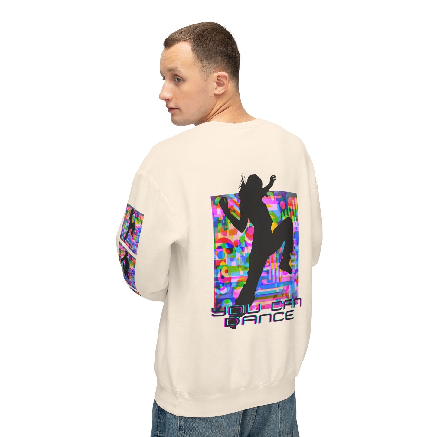 Levels Premium Collection Dance Crewneck Sweatshirt – Vibrant Unisex Streetwear Pullover with "Levels Pictures Textures" Front Text and Dancer Silhouettes on Sleeves