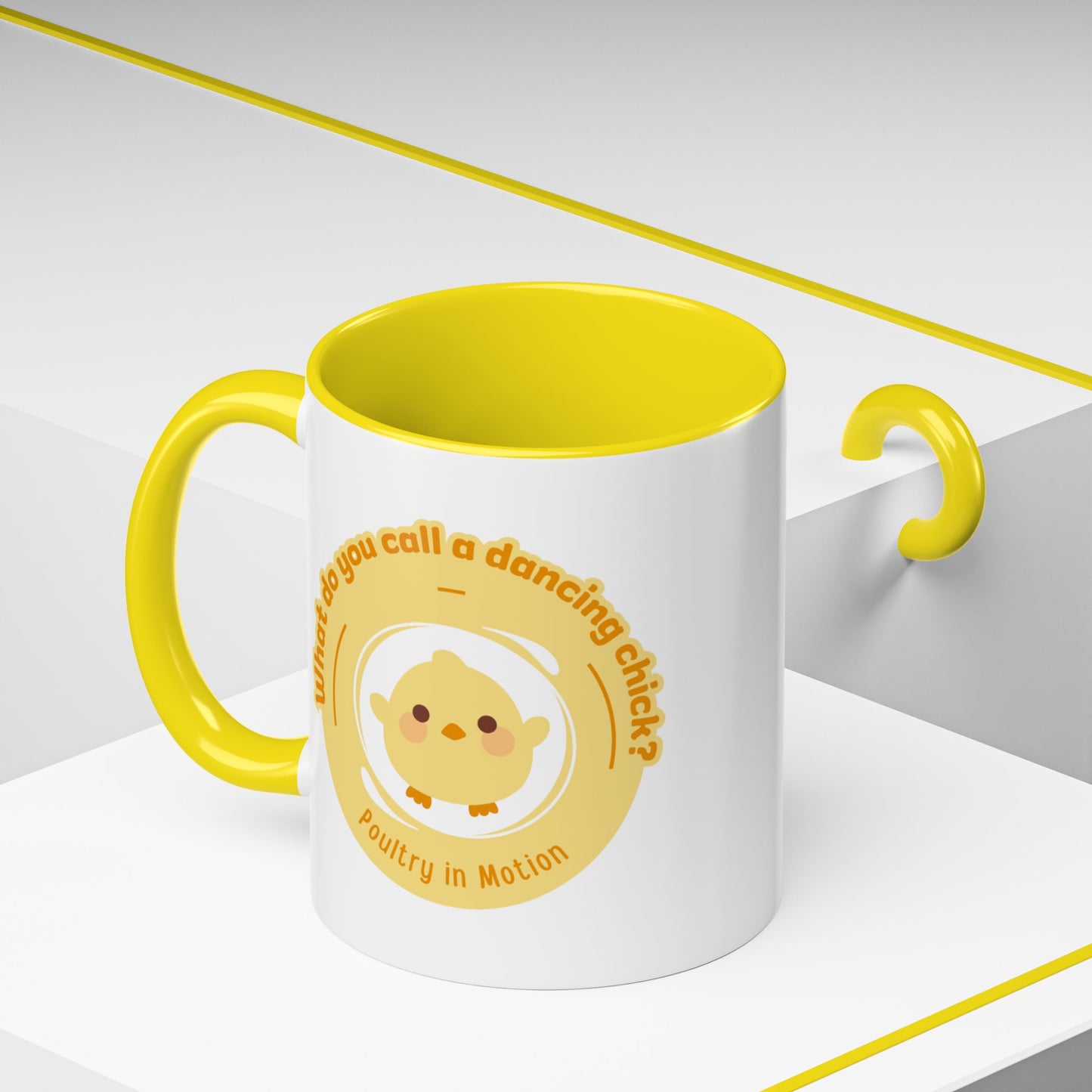 "What Do You Call a Dancing Chick? Poultry in Motion" Accent Coffee Mug – Funny Dance Pun Ceramic Mug for Dancers and Chick Enthusiasts