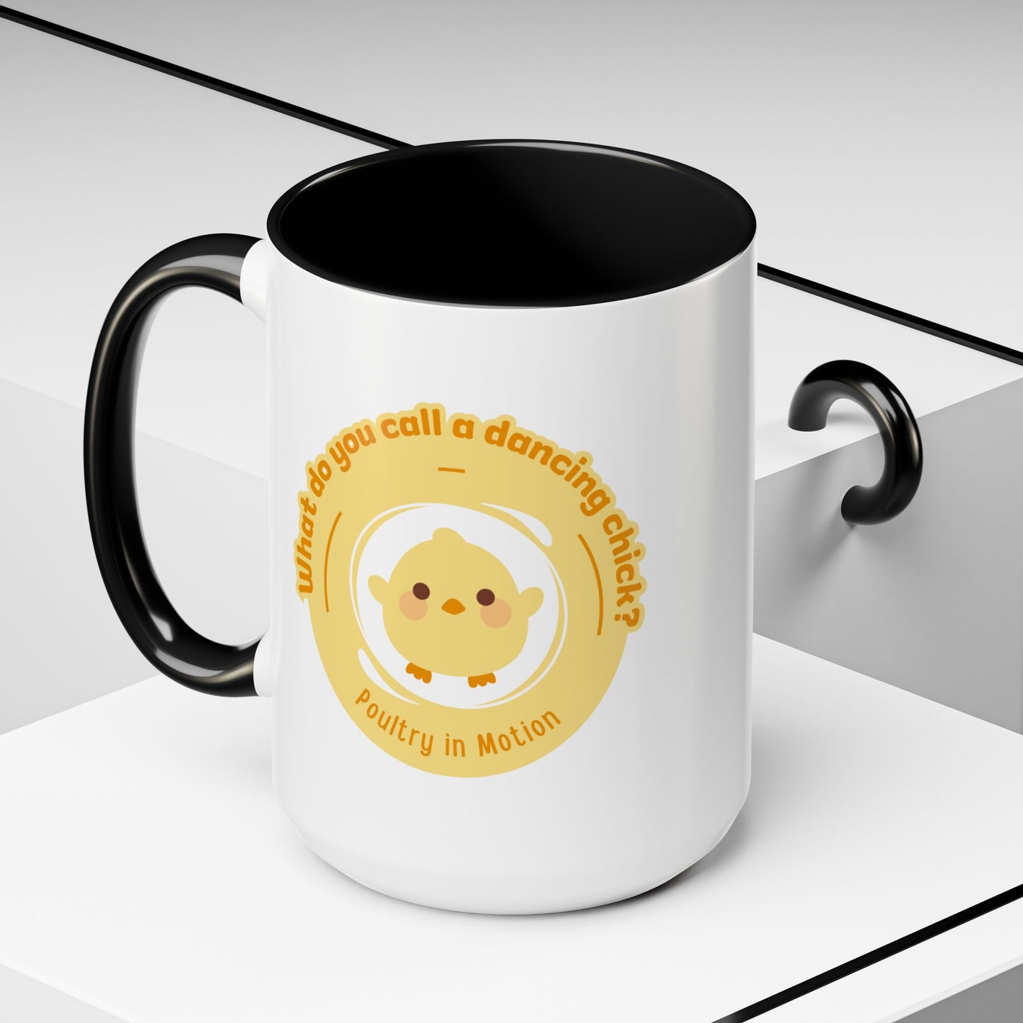 "What Do You Call a Dancing Chick? Poultry in Motion" Accent Coffee Mug – Funny Dance Pun Ceramic Mug for Dancers and Chick Enthusiasts