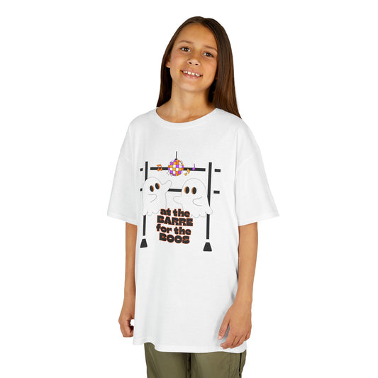 “At the Barre for the Boos” Halloween Dance T-Shirt with Cute Ghost Ballet Graphics - Kids Heavy Cotton™ Tee