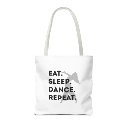 "Eat Sleep Dance Repeat" Canvas Tote Bag – Gray Dancer Silhouette Dance-Themed Reusable Shoulder Bag for Dancers, Studio, or Everyday Use
