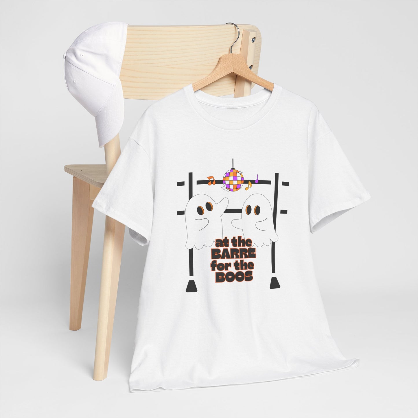 “At the Barre for the Boos” Dance Halloween T-Shirt with Cute Ghost Ballet Graphics - Unisex Heavy Cotton Tee
