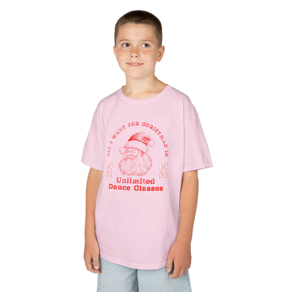 “All I Want for Christmas Is Unlimited Dance Classes” YOUTH TEE Short Sleeve with Vintage Santa – Festive Holiday Dance Tee for Dancers & Studios