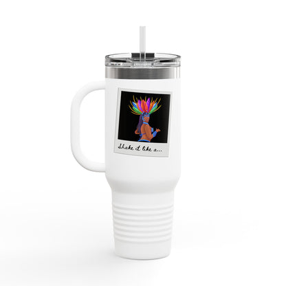 "Shake It Like a..." 40oz Insulated Travel Mug – Carnival Samba Dancer Graphic | Fun Dance-Themed Stainless Steel Tumbler for Hot & Cold Drinks