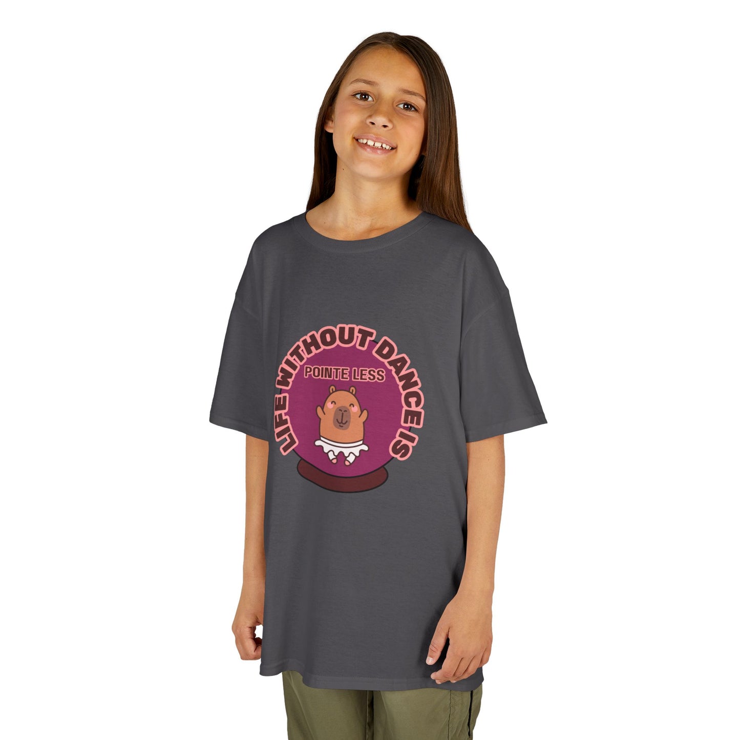 "Life Without Dance Is Pointeless" Youth Dance T-Shirt – Cute Capybara Ballerina Graphic Tee for Kids