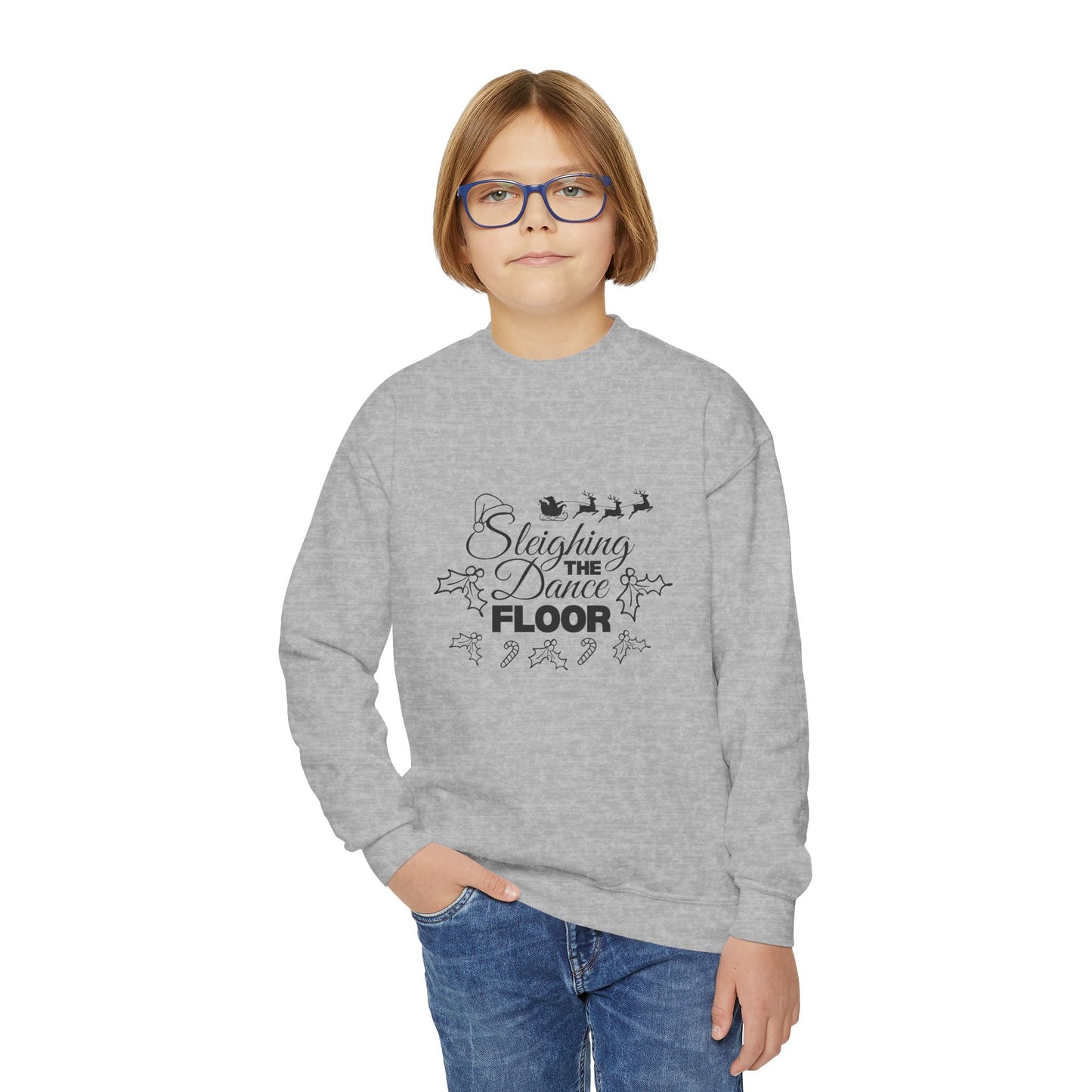 “Sleighing the Dance Floor” YOUTH SWEATSHIRT  Crewneck with Santa’s Sleigh and Reindeer – Festive Christmas Dance Sweatshirt for Kids and Young Dancers