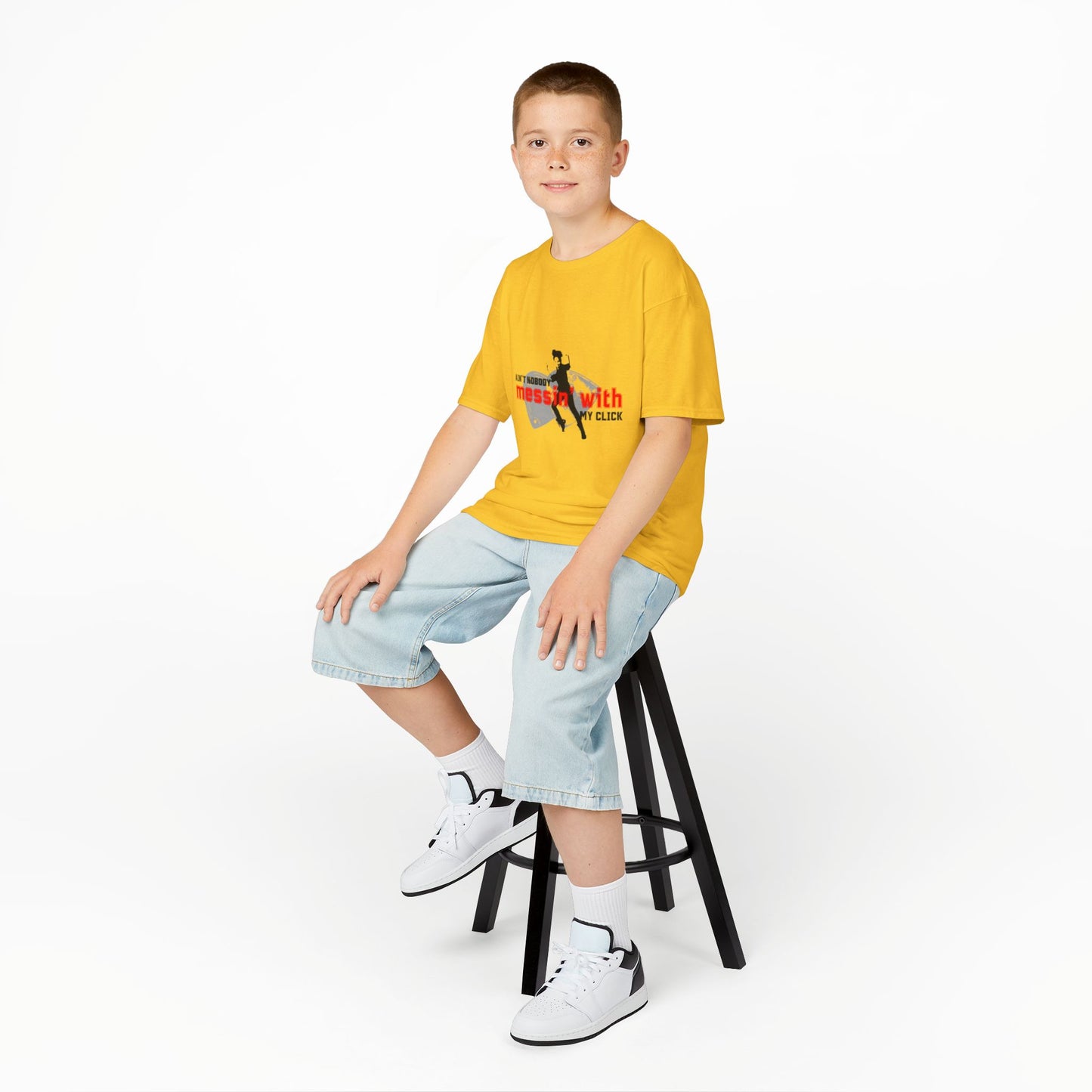 "Ain’t Nobody Messin’ With My Click" – Youth Short Sleeve Dance Tee with Tap Shoes & Tap Dancer Graphic