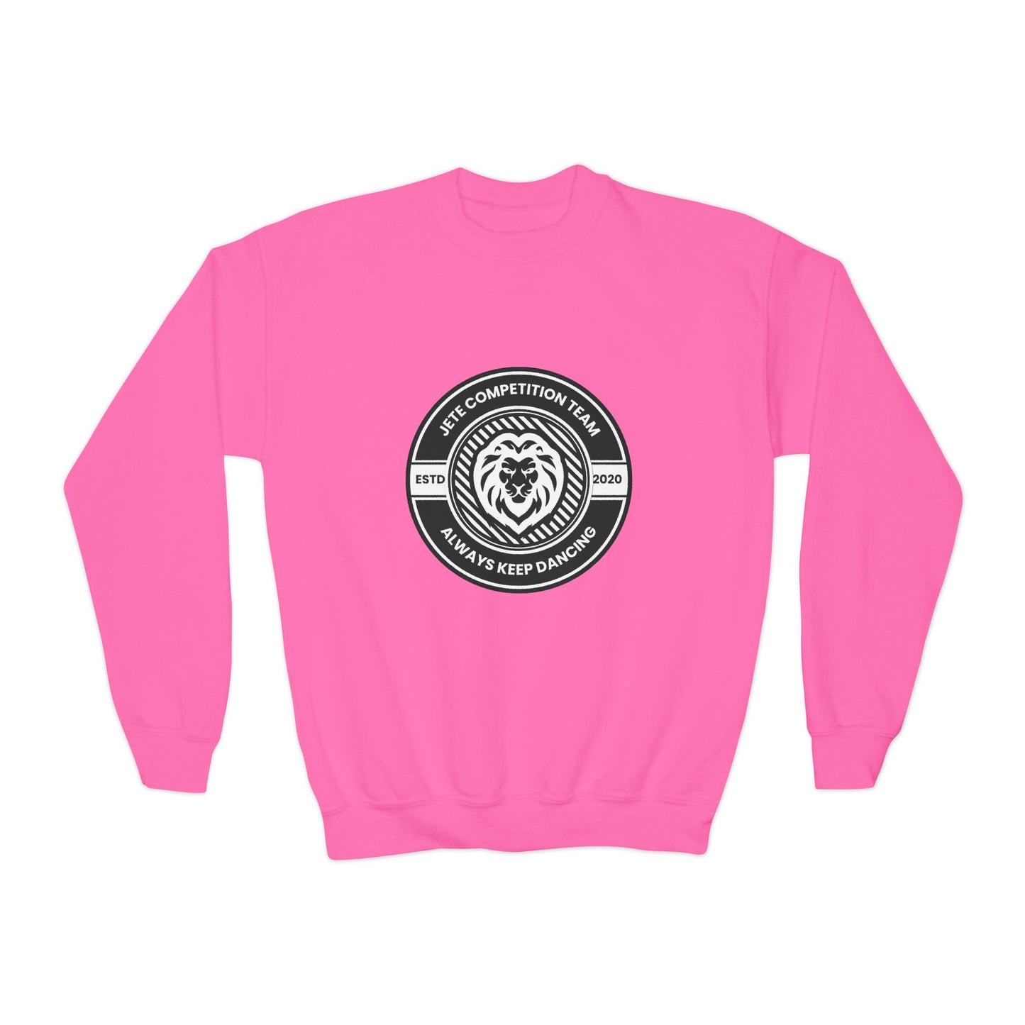 "Jeté Competition Team - Always Keep Dancing" Youth Crewneck Sweatshirt – Bold Collegiate-Inspired Dance Graphic Pullover for Kids and Teens