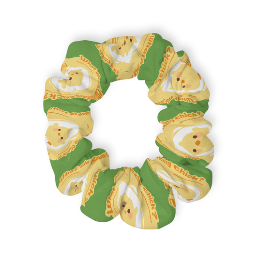 “What do you call a dancing chick? Poultry in Motion” Scrunchie – Funny Dance Pun Hair Accessory with Cute Dancing Chicken Graphic